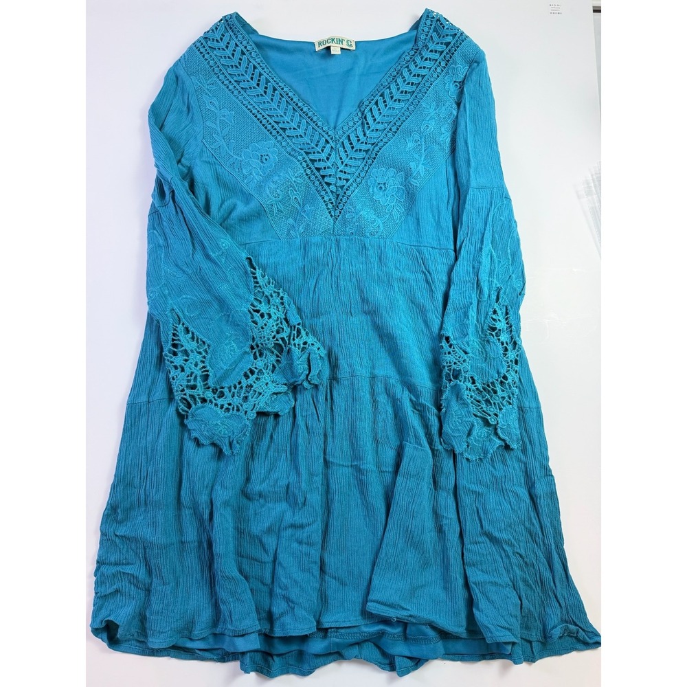Rockin C Teal Blue Crochet Lace Country Fairy Boho Layered Mini Dress Large